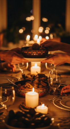Hands pass a bowl of food over a candlelit dinner table. The intimate, warm atmosphere evokes togetherness and celebration. Ideal for themes of family, holidays, and shared meals.の素材