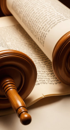 A close-up of a traditional Torah scroll with Hebrew text. This image evokes a sense of history, faith, and sacred tradition. Ideal for religious, cultural, or educational content.の素材