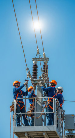 Team of electricians in safety gear working on a high-voltage power line from a lift. Represents infrastructure, teamwork, and skilled labor. For industry or safety concepts.の素材