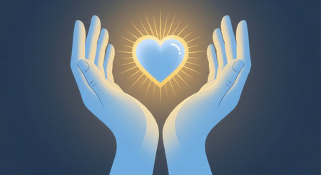Two hands holding a glowing blue heart. This symbolizes love, compassion, charity, hope, and spirituality. Perfect for healthcare, non-profits, or relationship themes.の素材