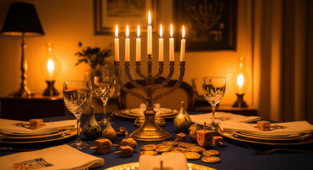 A beautifully set table for Hanukkah featuring a litorah, dreidels, and gelt. The warm candlelight creates a festive and spiritual atmosphere. Ideal for holiday and cultural themes.の素材