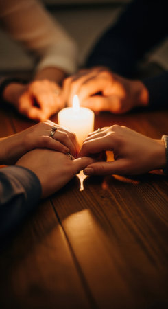A close-up of hands holding each other around a lit candle. The warm, intimate scene evokes feelings of unity, support, and hope. Perfect for themes of community, prayer, or vigils.の素材