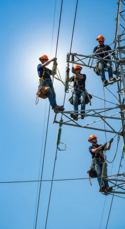 A team of electrical linemen in safety gear working on a high-voltage transmission tower. This image conveys teamwork, danger, and skilled labor. Ideal for energy industry content.の素材