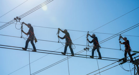 Four silhouetted linemen in safety gear work on high-voltage power lines against a clear blue sky. This conveys teamwork, danger, and skilled labor. Ideal for energy industry topics.の素材