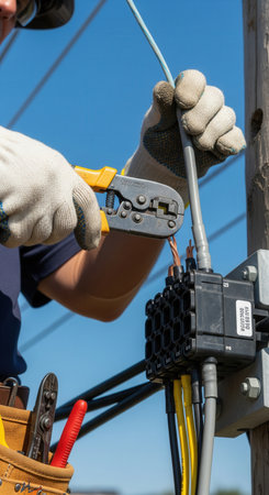 Close-up of a lineman's hands in gloves using a crimping tool on a power cable. This image represents skilled labor, infrastructure maintenance, and professional electrical work.の素材