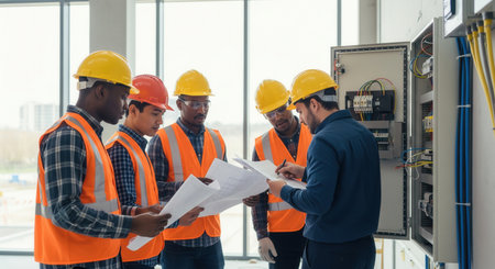 A diverse team of construction workers and an engineer discuss blueprints by an electrical panel. The scene conveys teamwork and expertise. Perfect for industry or training materials.の素材
