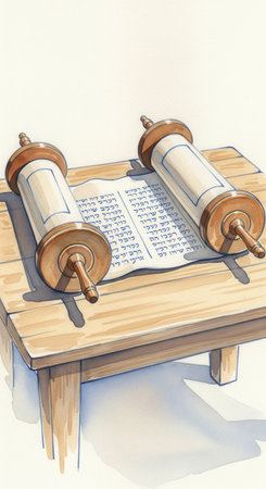 A watercolor illustration of an open Torah scroll with Hebrew script resting on a wooden table. This image evokes feelings of tradition, faith, and wisdom. Perfect for religious content.の素材