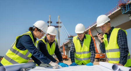 A diverse team of engineers and architects in safety gear reviews blueprints at a bridge construction site. Represents teamwork, planning, and industrial development. For business and industry.の素材