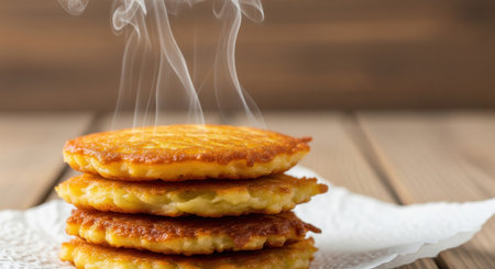 A close-up of a stack of hot, steaming potato pancakes on a wooden table. This appetizing image evokes warmth and homemade comfort, ideal for food blogs, menus, or culinary content.の素材