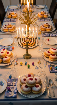 A festive dinner table set for Hanukkah with a litorah, sufganiyot, and dreidels. Evokes a warm, traditional family gathering. For holiday greetings or cultural content.の素材