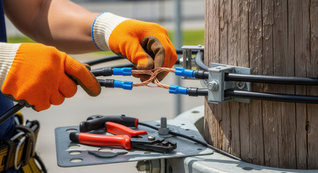 Close-up of an electrician in safety gloves connecting copper power cables on a wooden utility pole. Represents skilled labor, infrastructure repair, and technical expertise.の素材