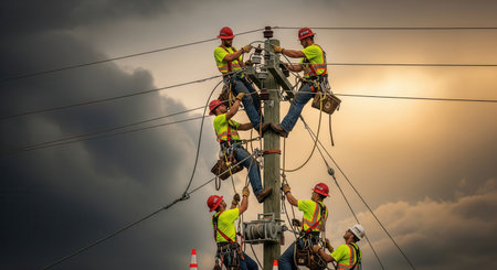 A team of linemen in safety gear diligently repairs power lines on a utility pole. The dramatic sunset sky evokes a mood of hard work, danger, and teamwork. For industrial or energy themes.の素材