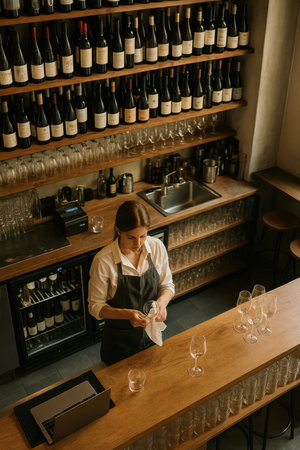 High angle view of female sommelier polishing wine glass at wooden bar counter. Shelves with bottles create a cozy atmosphere. Perfect for hospitality and restaurant business concepts.の素材