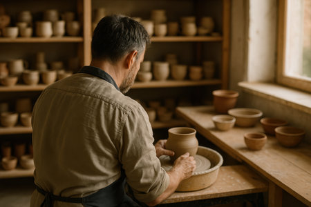 Male potter sitting at a spinning wheel shaping a clay pot in a workshop. The atmosphere is calm and creative, emphasizing manual labor. Ideal for craft and hobby themes.の素材