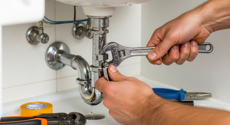 A plumber's hands tighten a leaking chrome pipe under a sink with a wrench. This scene illustrates home maintenance, repair, and professional trades. For plumbing services or DIY blogs.の素材