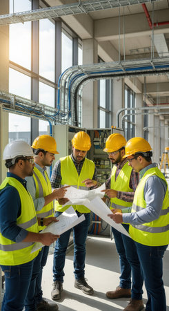 A team of diverse engineers in safety gear collaborated on a construction site, reviewing blueprints. This image represents teamwork, planning, and industrial expertise.の素材