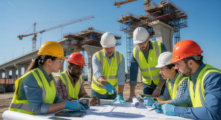 A diverse team of engineers and construction workers in safety gear review blueprints at a bridge construction site. Represents teamwork, planning, and infrastructure projects.の素材