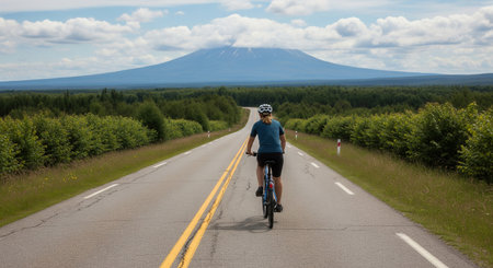A woman cycles on a scenic road towards a distant mountain. This image conveys a sense of adventure, freedom, and personal journey. Ideal for travel, fitness, and motivational themes.の素材