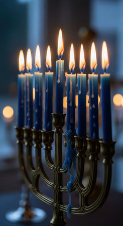 A close-up of a golden menorah with nine lit blue candles. The warm, glowing flames create a spiritual and festive atmosphere. Ideal for Hanukkah greetings or religious content.の素材