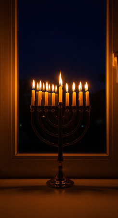 A lit Hanukkah menorah with glowing candles on a windowsill against the dark night sky. Evokes a spiritual, peaceful, and celebratory mood. Ideal for holiday content and themes of faith.の素材