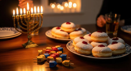 A warmly lit table with a glowing menorah, sufganiyot, and dreidels. This scene evokes a festive, traditional mood of a Jewish holiday. Perfect for Hanukkah greetings or cultural content.の素材