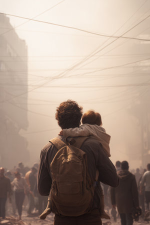 Father carries child through dusty smoke filled street with backpack. Scene depicts refugee crisis war aftermath or disaster. Concept for social issues humanitarian aid news.の素材