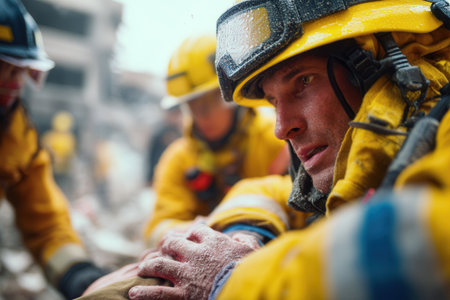 Close up of exhausted male firefighter in yellow helmet covered in dust. He looks serious amidst rubble with colleagues in background. Concept of heroism, emergency service and rescue.の素材
