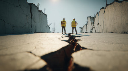 Two engineers in safety gear examine a huge crack in the ground. The scene depicts infrastructure damage assessment, suitable for construction and insurance concepts.の素材