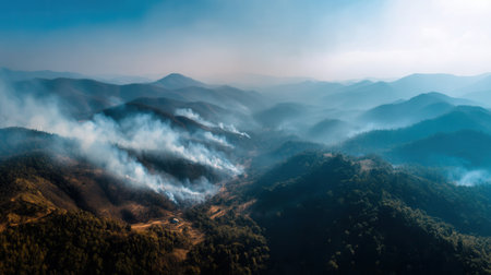 Aerial view of wildfire smoke rising from green forest mountains. A scene depicting environmental damage and air pollution. Ideal for ecology and climate change news.の素材
