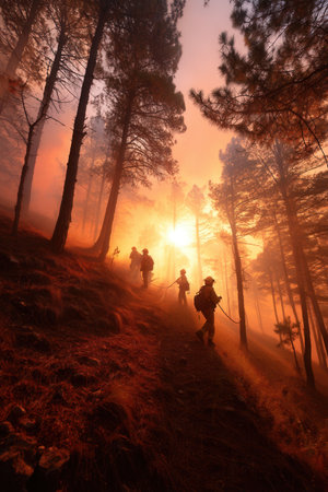 Silhouettes of firefighters hiking through a burning pine forest with thick smoke and orange light. This dramatic scene highlights the danger of wildfires and climate change awareness.の素材