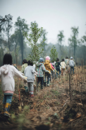 Rear view of group of children planting trees in misty forest. Concept of environmental conservation and reforestation. Perfect for ecology and volunteering campaigns.の素材