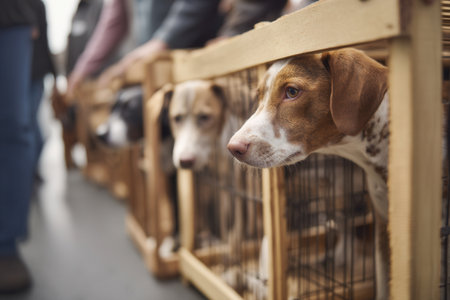 Close up of a brown and white dog inside a wooden crate with other dogs blurred in background. The scene conveys waiting and confinement, suitable for animal welfare or shelter topics.の素材