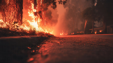 Raging wildfire flames engulf trees along a suburban street, casting an ominous red glow. This catastrophic scene illustrates the danger of natural disasters and climate change.の素材