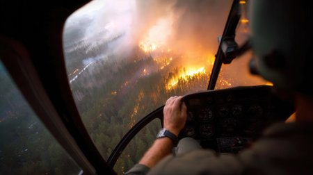 View from helicopter cockpit showing pilot hand and massive forest fire below with smoke and flames. Dramatic scene of environmental disaster suitable for news and ecology concepts.の素材