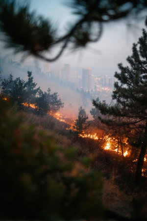 Wildfire burning on a hill with pine trees near a modern city skyline. A smoky and dramatic scene illustrating natural disaster, climate change, and danger concepts.の素材