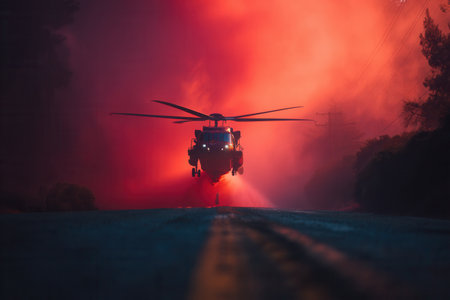 Firefighting helicopter hovers low over a road engulfed in thick red smoke. The scene conveys danger and urgency during a wildfire emergency. Perfect for news and disaster concepts.の素材