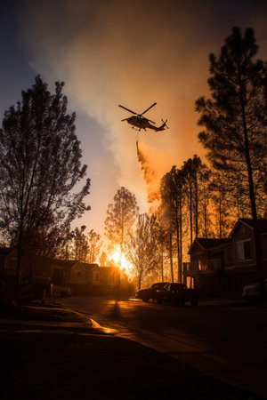 Firefighting helicopter drops water on wildfire threatening suburban homes at sunset. Dramatic scene highlights emergency response and climate change impact. Perfect for disaster news.の素材