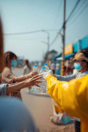 Volunteers handing plastic water bottles to people in medical masks outdoors. Scene depicts humanitarian aid, community support, and relief efforts during crisis or hot weather.の素材
