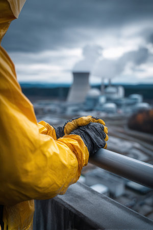 Rear view of worker in yellow protective gear watching nuclear power plant with smoking cooling towers. Concept of industrial safety, energy production and environmental issues.の素材