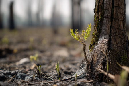 Close up of green sprout growing next to charred tree trunk in burnt forest. Symbolizes hope and resilience after wildfire. Ideal for environmental recovery concepts.の素材