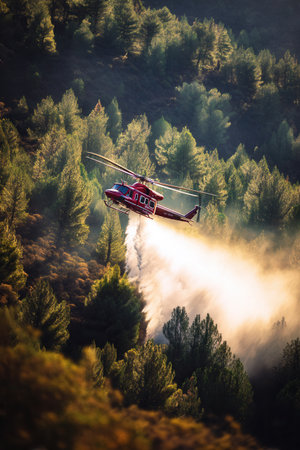 A red helicopter drops water on a forest fire in a dense pine forest. This scene captures emergency response and environmental protection. Ideal for news, safety, and nature content.の素材