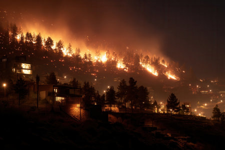 Massive wildfire engulfing a hillside forest above homes at night. A dramatic scene of danger and destruction, perfect for news on climate change and natural disasters.の素材