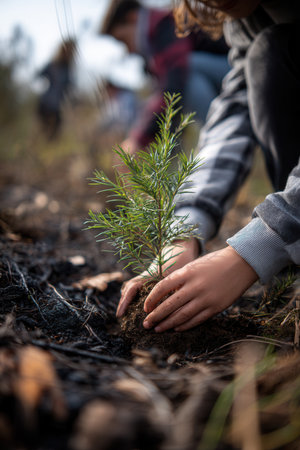 Close up hands planting green pine sapling into dark earth during reforestation. Scene represents hope, ecology and nature conservation for environmental projects.の素材