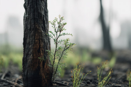 A green sapling grows next to a charred tree trunk after a forest fire. The scene symbolizes hope, resilience and nature's recovery amidst destruction.の素材