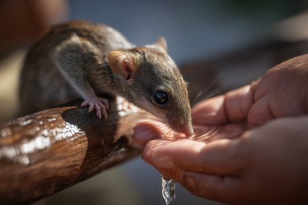 Close up of a small brown mouse drinking water from human cupped hands. The scene depicts trust, care for wildlife, and hydration. Ideal for ecology and animal welfare concepts.の素材