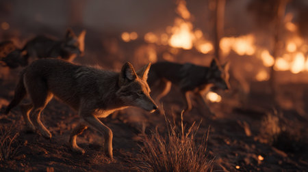 Pack of coyotes walking away from burning forest fire with flames in background. Dramatic scene of wildlife survival during natural disaster for environmental concepts.の素材