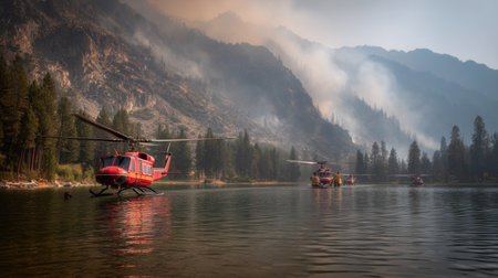 Firefighting helicopters hover over lake collecting water near smoky mountains. Dramatic scene illustrates emergency response and environmental disaster. Perfect for news or ecology concepts.の素材