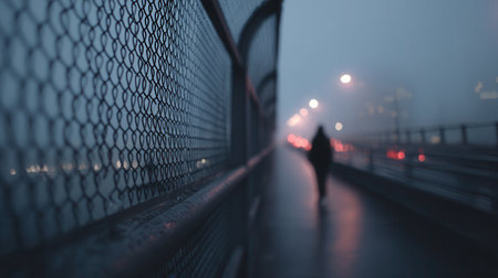 Close up of a chain-link fence with a blurred silhouette walking on a wet bridge at night. A moody atmospheric scene perfect for concepts of loneliness, depression or urban mystery.の素材