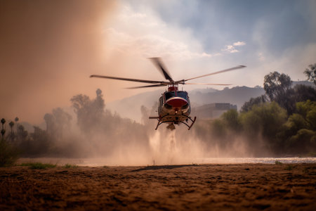 Red and white helicopter hovers low over sandy ground kicking up dust against a smoky sky. Intense scene of wildfire response suitable for emergency and disaster management concepts.の素材