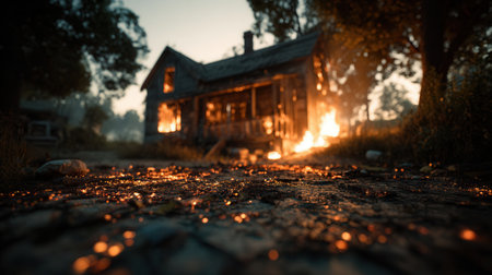 Wooden house engulfed in massive flames with glowing embers scattered on the foreground ground. This dramatic scene depicts destruction and danger suitable for disaster concepts.の素材